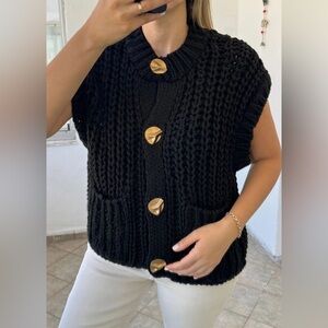 Gold Button Chunky Black Knit Sweater Vest